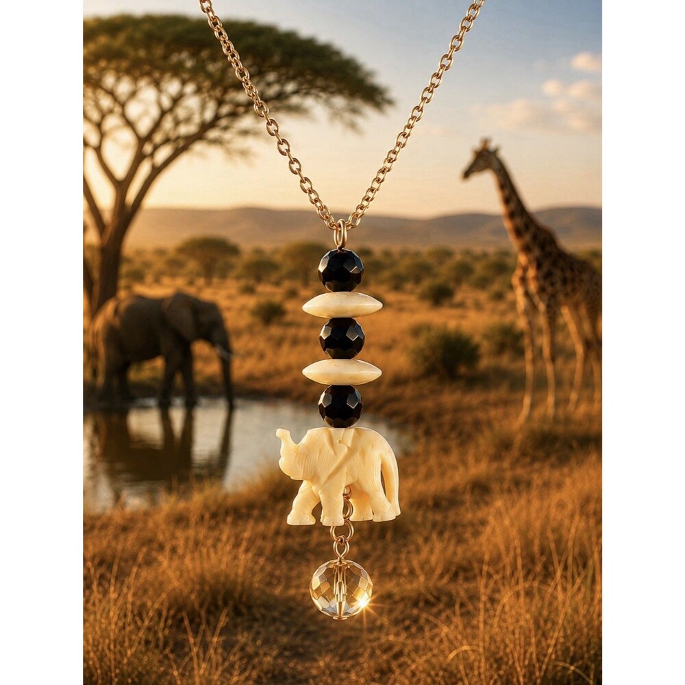Handmade Necklace Carved Elephant Pendant Black Faceted Crystal Beads Animal